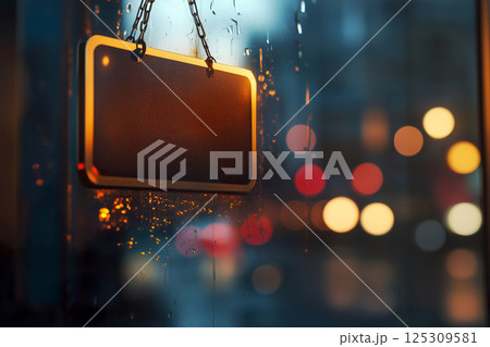 Blank sign with mockup space hanging on the wet glass of a store door. Futuristic urban view. Color template 125309581