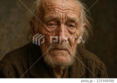 An elderly man with a weathered face and deep-set wrinkles stares intently, conveying a lifetime of stories and experiences. His worn clothing adds to the sense of history and resilience. Soft An elderly man with a weathered face and deep-set wrinkles stares intently, conveying a lifetime of stories and experiences. His worn clothing adds to the sense of history and resilience. Soft 125309588