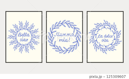 La dolce vita doodles placard or poster set with simple branches. Vector illustration of italian style hand drawn posters. Wall art prints decor. Illustration for invitations, menus design. 125309607