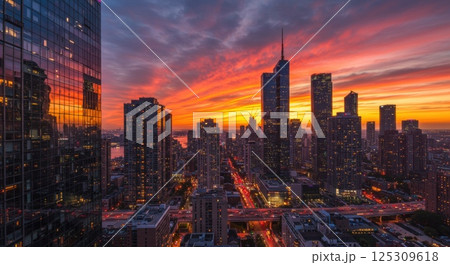 A breathtaking sunset casts a rich array of colors across the sky, creating an enchanting backdrop for the Chicago skyline. High-rise buildings gleam as reflections of the fiery hues dance on their A breathtaking sunset casts a rich array of colors across the sky, creating an enchanting backdrop for the Chicago skyline. High-rise buildings gleam as reflections of the fiery hues dance on their 125309618