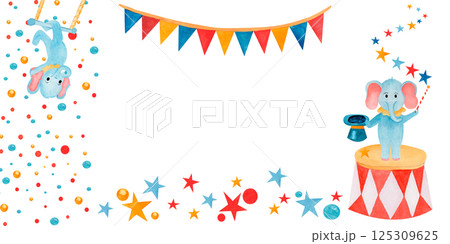 Template invitation or cards made watercolor cartoon circus elephant gymnastic and illusionist, stars, confetti. For birthday greetings and invitation cards, flyers and packages of children's goods. 125309625