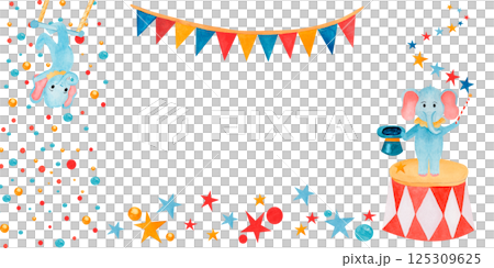 Template invitation or cards made watercolor cartoon circus elephant gymnastic and illusionist, stars, confetti. For birthday greetings and invitation cards, flyers and packages of children's goods. 125309625