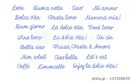 Dolce vita hand drawn lettering set. Vector mediterranean blue lettering set of dolce vita, love, buena notte, ciao. Hand drawn quotes isolated on white background. 125309639