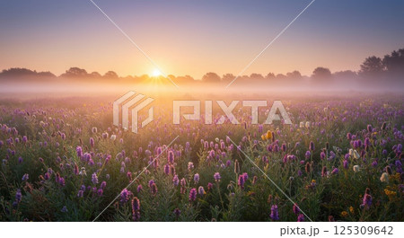 At sunrise, soft rays of sunlight pierce through a light mist over a vast field filled with colorful flowers. Shades of purple and yellow are prominent as the blooming flora stretches across the 125309642