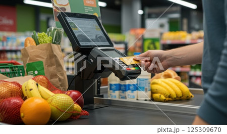 Checkout process at a grocery store showcases a range of fresh produce including fruits and vegetables placed around a self-checkout terminal. A customer is poised to make a payment with a card while 125309670