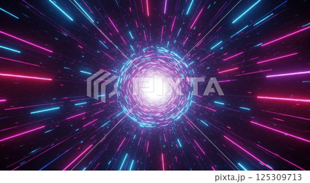 A vibrant display of colorful beams radiates from a central point, creating a swirling vortex in a cosmic environment. The mix of pink, blue, and white hues gives the impression of high-speed movement 125309713