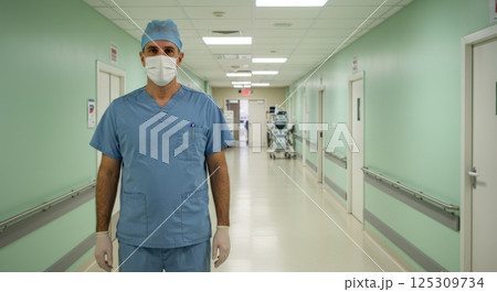 A healthcare professional is positioned in a well-lit hospital corridor, dressed in light blue scrubs, a surgical mask, and gloves. The corridor features green walls and provides a glimpse of medical 125309734