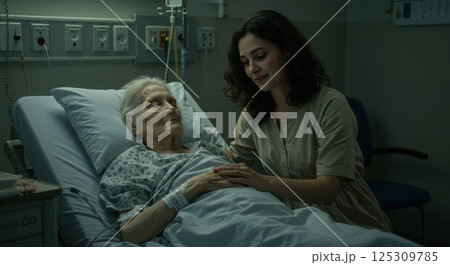 A caregiver gently holds the hand of an elderly patient resting in a hospital bed. The patient, with white hair, appears to be receiving comfort and support during a vulnerable time. The soothing A caregiver gently holds the hand of an elderly patient resting in a hospital bed. The patient, with white hair, appears to be receiving comfort and support during a vulnerable time. The soothing 125309785