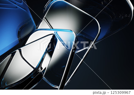 Abstract black 3d background wallpaper with glass transparent square plates, blue gradient and light refraction. Render crystal block shapes on dark bg. Graphic design digital tech. 3D illustration 125309967