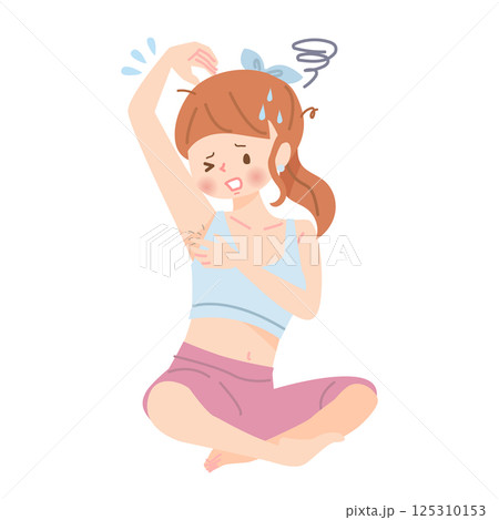 自分の脇毛の毛を見て驚く若い女性 125310153