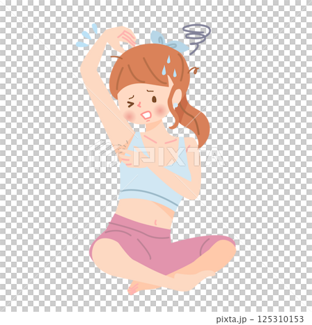 自分の脇毛の毛を見て驚く若い女性 125310153