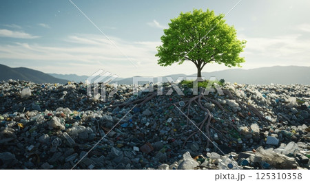 A bright green tree stands resolutely at the top of a large mound of trash, its roots visibly intertwined with discarded plastic and waste. The landscape features mountains in the background 125310358