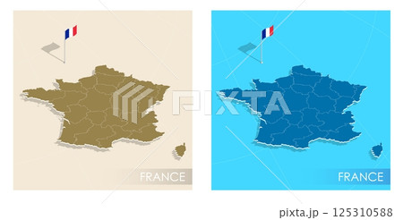 France country flag installed on geographic positioning map point of country territory. French commonwealth banner on land and sea. Festive patriotic HD format template for independence day 125310588