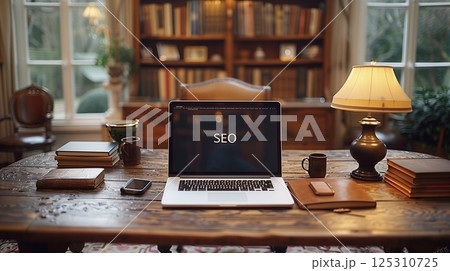 Cozy Study Space: A Well-Organized Desk with Books and SEO Focus 125310725
