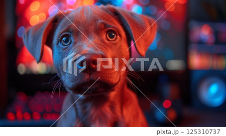 Adorable Puppy with Vibrant Neon Lighting in the Background Adorable Puppy with Vibrant Neon Lighting in the Background 125310737