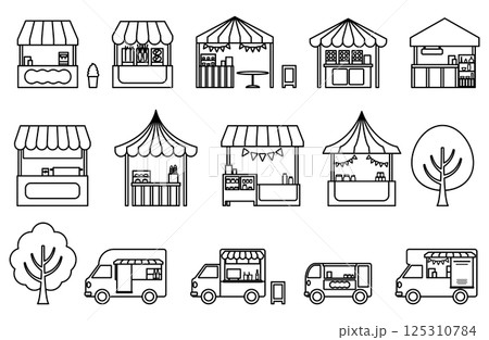 マルシェ・屋台・キッチンカーのシンプル線画ベクターイラストセット 125310784