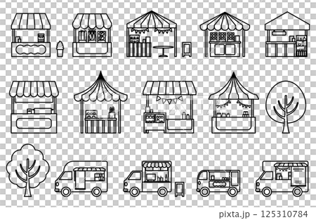 マルシェ・屋台・キッチンカーのシンプル線画ベクターイラストセット 125310784