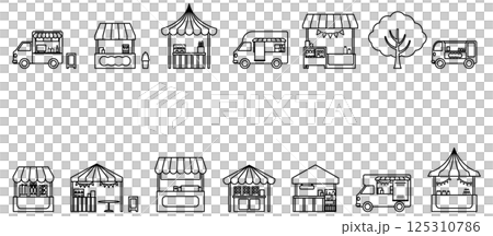 マルシェ・屋台・キッチンカーのシンプル線画フレームベクターイラストセット 125310786