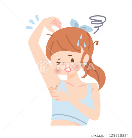 自分の脇毛の毛を見て驚く若い女性 125310824