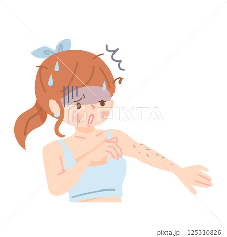 自分の腕の毛を見て驚く若い女性 125310826