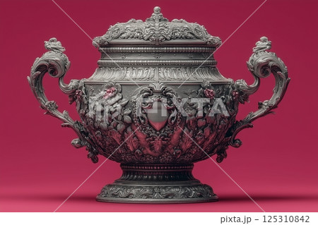 Exquisite Silver Vessel with Intricate Floral Patterns and Handles on a Vibrant Red Backdrop 125310842