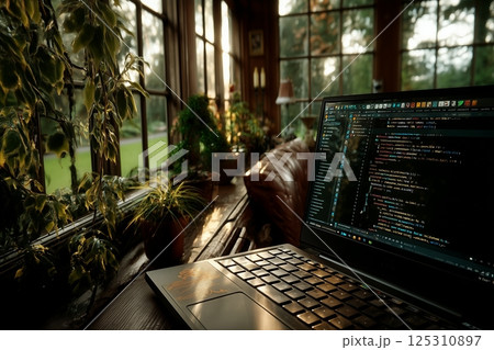 Productive Serenity: A Laptop in a Sunlit Workspace with Natural Greenery 125310897
