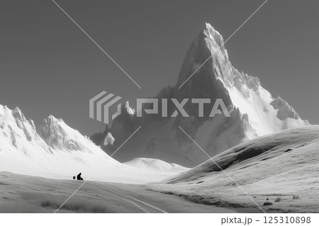 Solitude and Majesty: A Monochrome Landscape Featuring a Snow-Capped Peak 125310898