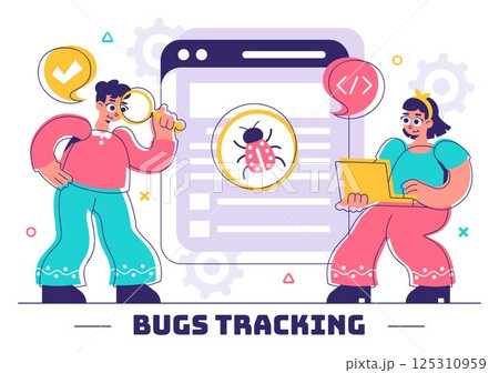 Bugs Tracking Tool Vector Illustration Featuring Mobile Phone Protection from Computer Viruses in a Website Security Flat Style Cartoon Background 125310959
