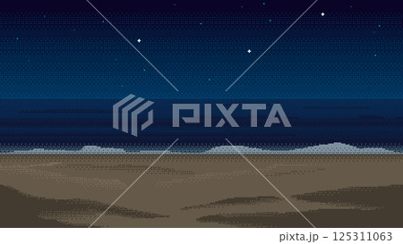 Pixel art sandy beach at night with starry sky. Background for the game. 125311063