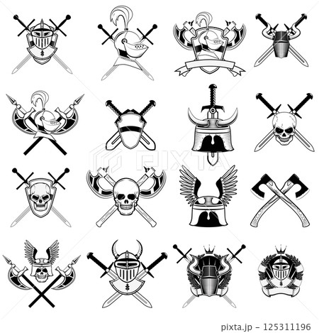 knight logo set. Skull in horned helmet, crossed axes, crossed swords, viking helmet, shield, . Logos can be easily disassembled into separate items. 125311196