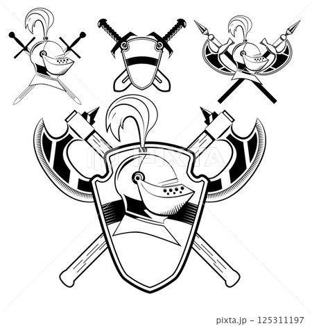 knight's helmet, shield and swords and battle-ax.Set of design elements in vector knight's helmet, shield and swords and battle-ax.Set of design elements in vector 125311197