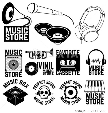 Set of music shop labels and badges. Music icons. Vector illustration. 125311202
