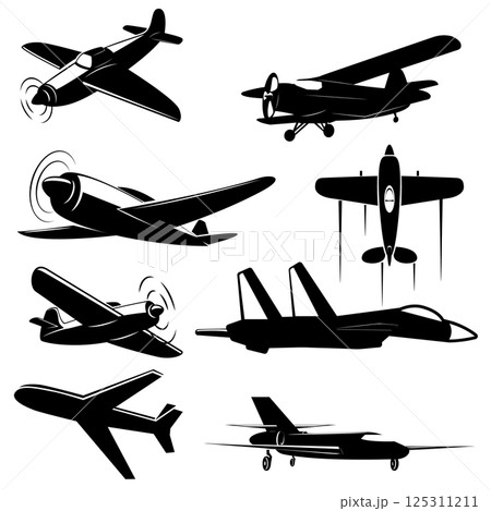Set of Vintage airplanes from different angles. Planes silhouettes. Logotype, emblem,label design elements in vector. 125311211