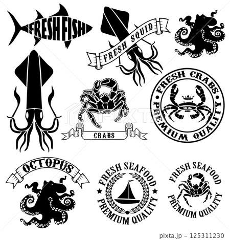 Collection of nautical labels, seafood illustrations and designed elements in vector. Emblem, label or badge template. 125311230