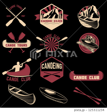 Set of canoe club labels, badges and design elements. Canoe sport. Canoe icon. Vector design elements. Set of canoe club labels, badges and design elements. Canoe sport. Canoe icon. Vector design elements. 125311234