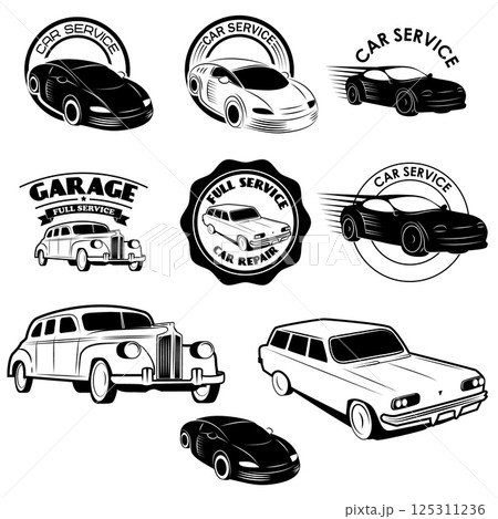 Set of car service labels. Set of vintage cars icons. Design elements for logo, label, badge, emblem. Design elements in vector. Set of car service labels. Set of vintage cars icons. Design elements for logo, label, badge, emblem. Design elements in vector. 125311236
