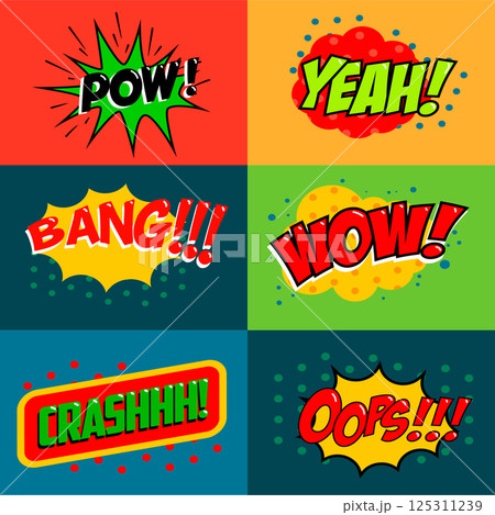 Set of comic style phrases on colorful background. Pop art style phrases set. Wow! Oops! Whop! Design element for poster, flyer. Set of comic style phrases on colorful background. Pop art style phrases set. Wow! Oops! Whop! Design element for poster, flyer. 125311239