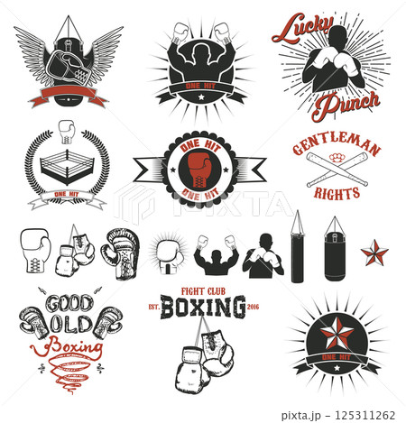 Set of the boxing club labels, emblems and design elements. Design elements for logo, label, emblem, insignia, sign, identity, logotype, poster. Boxing club Set of the boxing club labels, emblems and design elements. Design elements for logo, label, emblem, insignia, sign, identity, logotype, poster. Boxing club 125311262