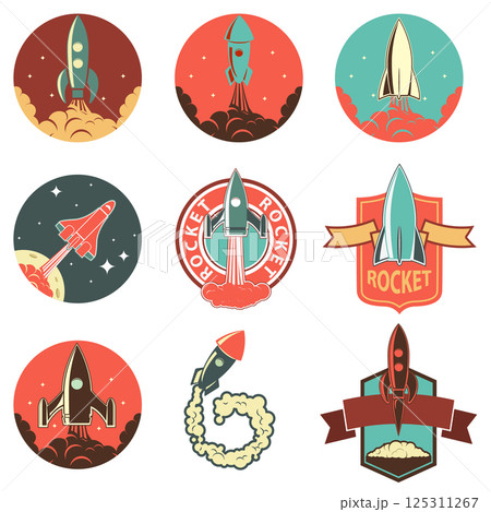 Set of  labels  with rockets. Rocket launch. Vintage rocket ships. Vector design  element for emblem, logo, insignia, sign, identity, poster. 125311267