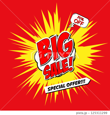 Big Sale!!! Comic style phrase on sunburst background. Design element for flyer, poster. Vector illustration. Big Sale!!! Comic style phrase on sunburst background. Design element for flyer, poster. Vector illustration. 125311299