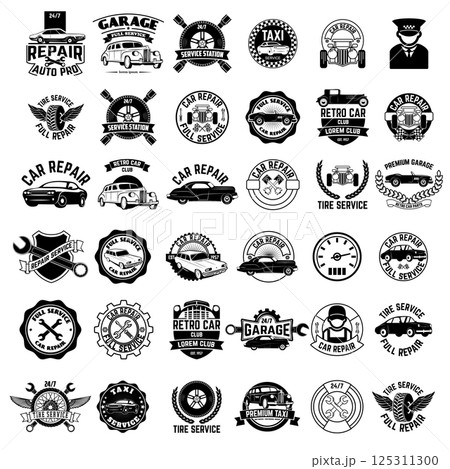 Big set of car service, taxi, tire service labels and badges. Design elements for logo, label, emblem, badge, sign. Vector illustrations. 125311300