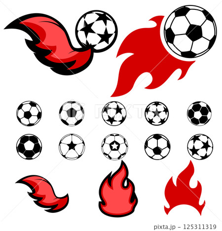 Set of football balls. Football ball with fire. Emblem design elements. Set of football balls. Football ball with fire. Emblem design elements. 125311319
