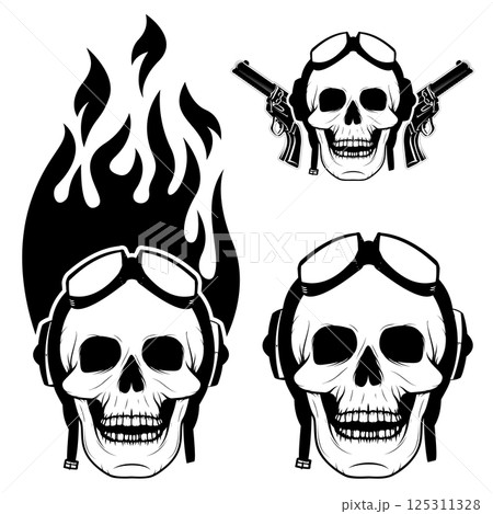 Skull in motorcycle helmet with fire. Born to ride. Retro vector design graphic element, emblem, logo, insignia, sign, identity, logotype, poster. T-shirt print design template. Vector illustration. Skull in motorcycle helmet with fire. Born to ride. Retro vector design graphic element, emblem, logo, insignia, sign, identity, logotype, poster. T-shirt print design template. Vector illustration. 125311328
