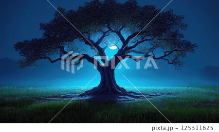 Beneath a clear night sky, a large tree stands majestically, its branches gracefully stretching out. Soft moonlight casts an ethereal glow on the scene, highlighting the textured bark and lush leaves 125311625