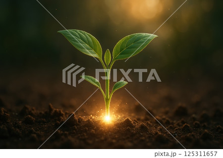 A small green plant emerges from rich brown soil, its two delicate leaves reaching upward toward the bright sunlight filtering through a blurred green background. The ground around its base glows with 125311657
