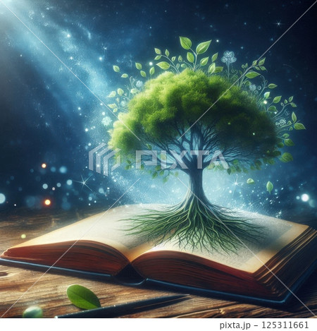 An open book lays on a wooden surface, with a lush green tree sprouting from its pages. The branches are adorned with fresh leaves and delicate flowers, while roots stretch downwards, intertwining 125311661
