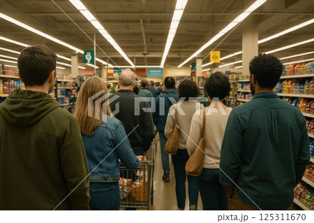 A group of various shoppers stands in line inside a grocery store during a busy afternoon. The shoppers, dressed in casual attire, move along the aisles filled with colorful products on the shelves A group of various shoppers stands in line inside a grocery store during a busy afternoon. The shoppers, dressed in casual attire, move along the aisles filled with colorful products on the shelves 125311670