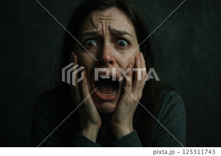 Caught in a moment of intense fear, a young woman sits in a dimly lit room with her hands on her face, mouth open in a silent scream. Her wide eyes reflect panic and despair, surrounded by shadows 125311743