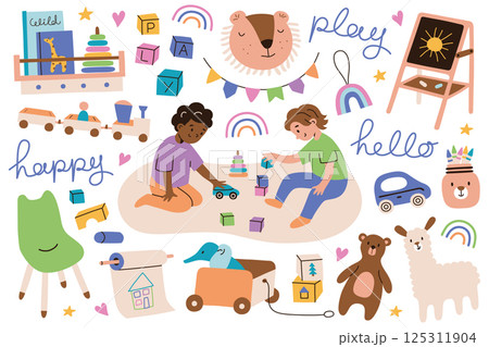 Cute icon set with toddler toys, kids room furniture, and creative supplies. Boy and girl playing together on floor. Vector illustration for early learning and childhood, nursery doodles collection Cute icon set with toddler toys, kids room furniture, and creative supplies. Boy and girl playing together on floor. Vector illustration for early learning and childhood, nursery doodles collection 125311904