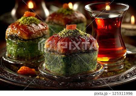 Delicate Pastries with Pistachio and Tea in a Cozy Setting Delicate Pastries with Pistachio and Tea in a Cozy Setting 125311996